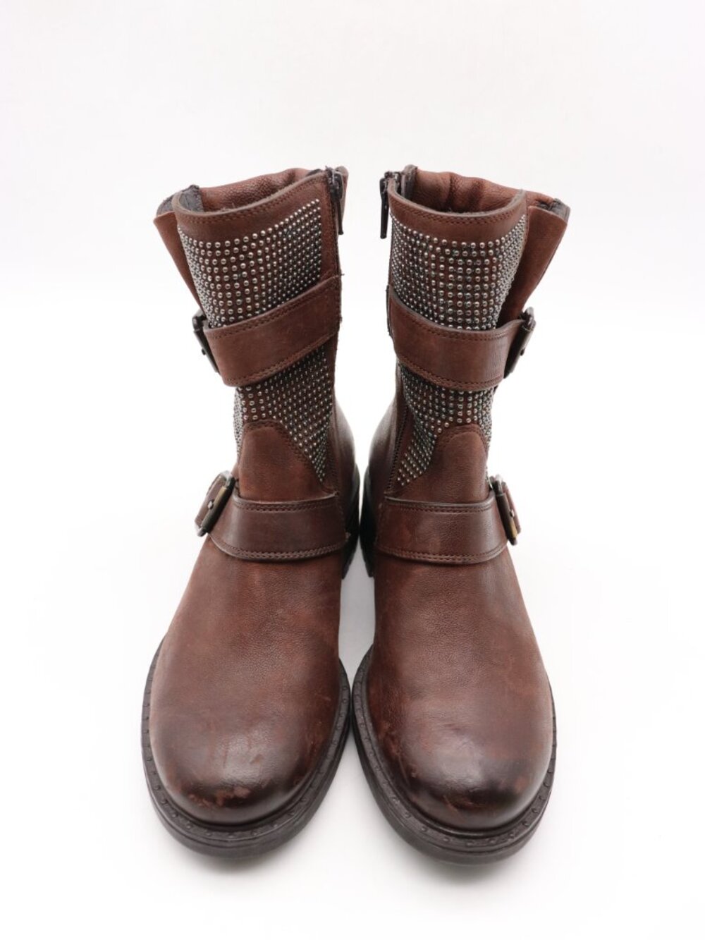 Paul Green Women's UK 4.5 US 7 Brown Leather Studded Moto Boots Buckle Shoes - Picture 2 of 12
